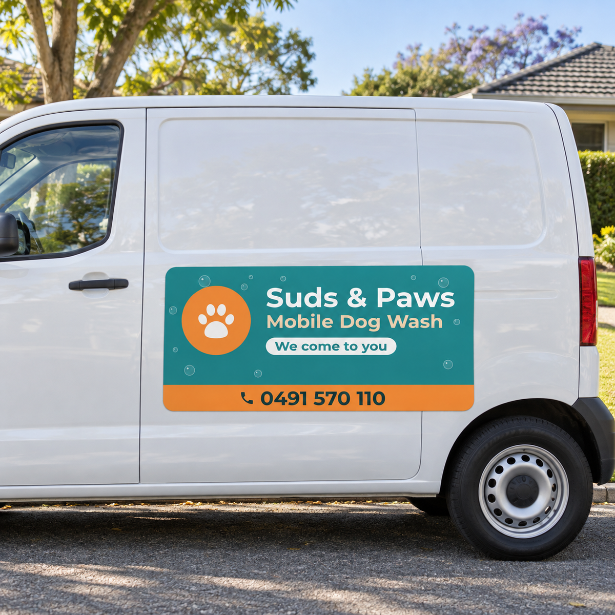 Large printed magnetic sign for a mobile dog wash on the side door of a white van