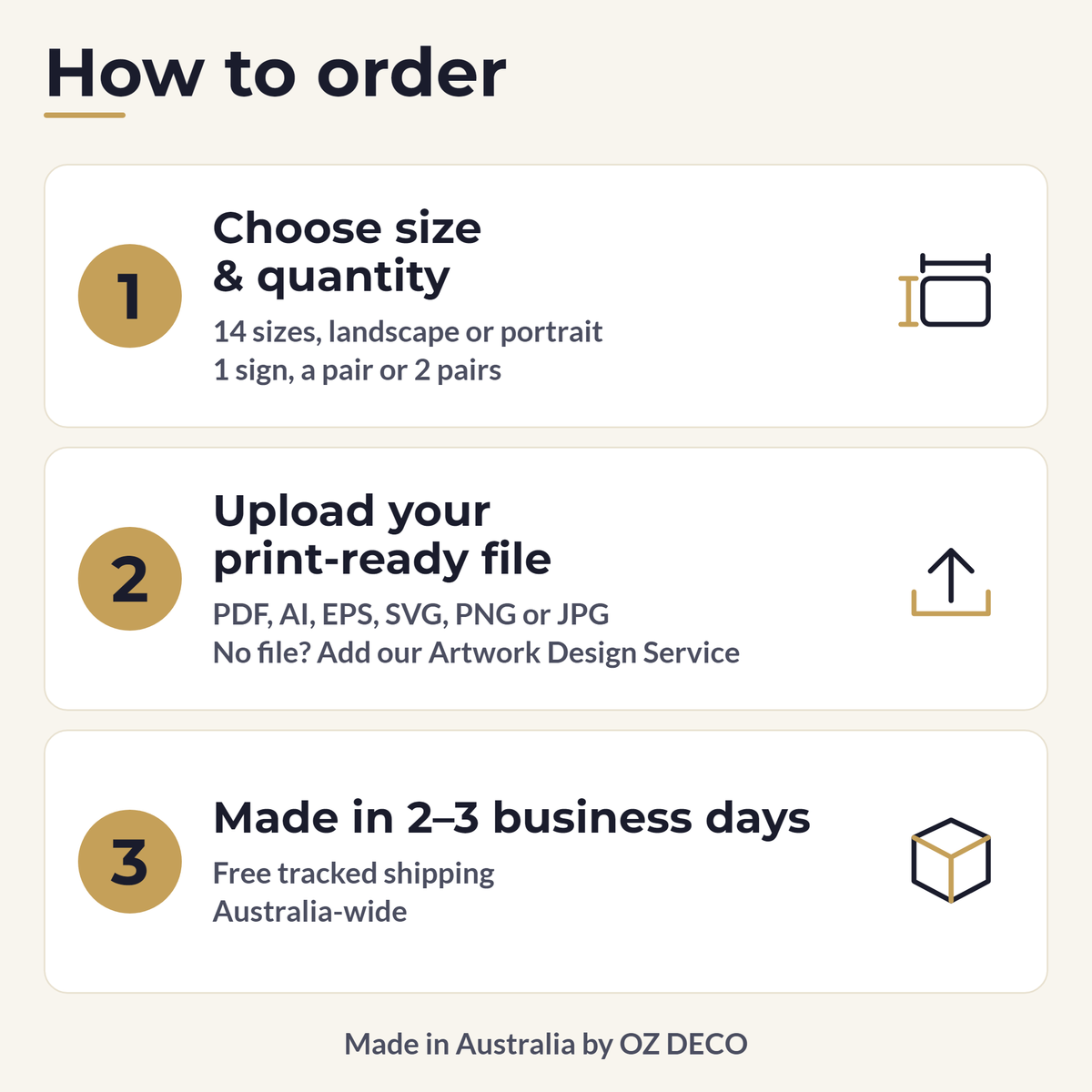 How to order a magnetic car sign: choose size and quantity, upload your file, made in 2 to 3 business days
