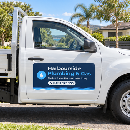 Printed magnetic car sign for a plumbing business fitted on a white ute door