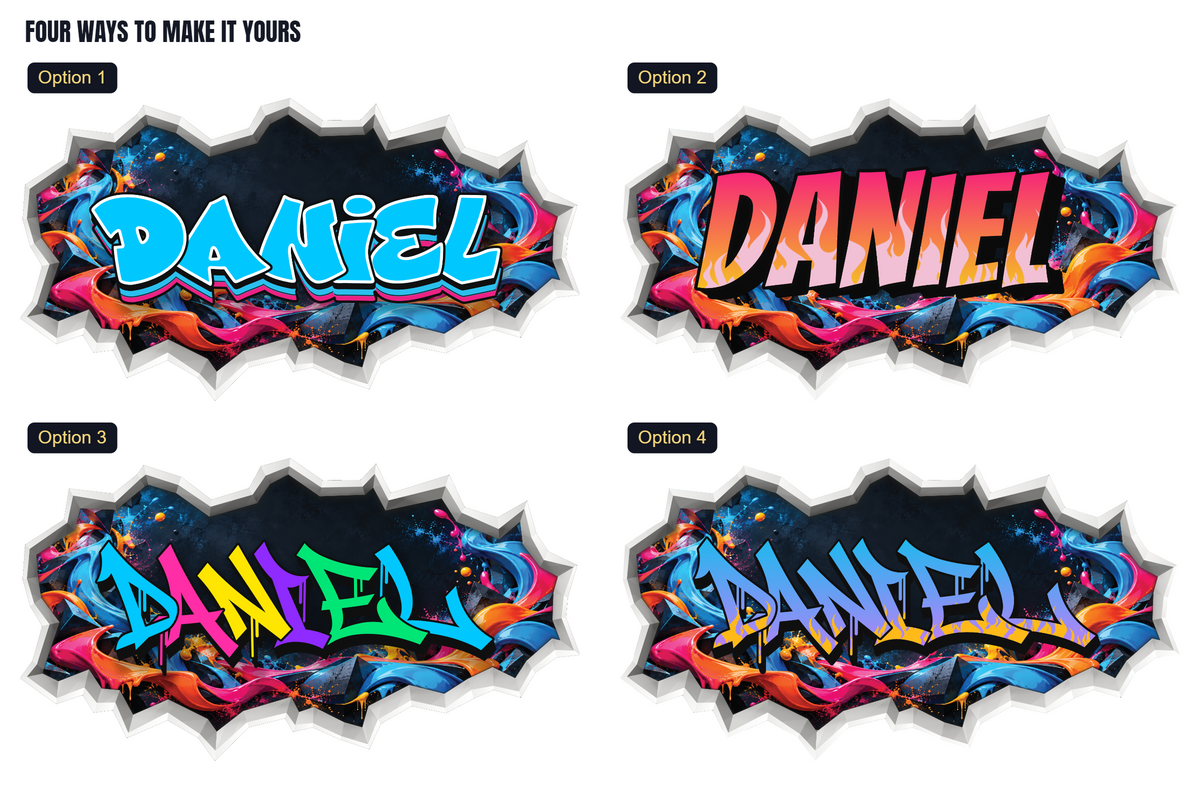 OZ DECO four cracked wall name designs: blue bubble, pink flame, multicolour wild style and blue-purple flame