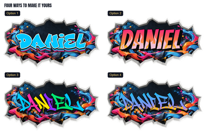 OZ DECO four cracked wall name designs: blue bubble, pink flame, multicolour wild style and blue-purple flame