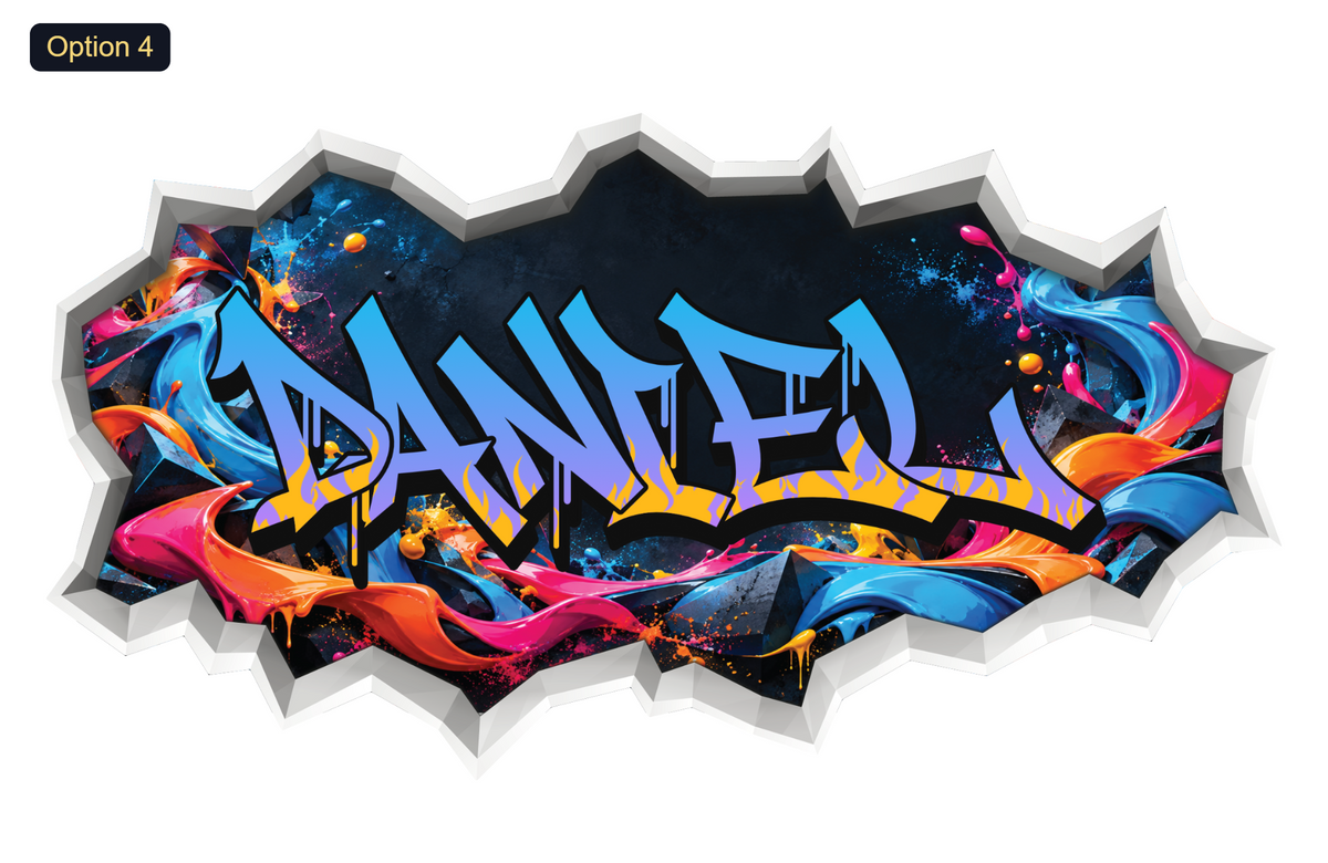 Option 4: blue-to-purple wild-style name with golden flame pattern