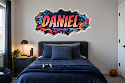 OZ DECO cracked wall sticker with centred pink-to-gold flame lettering above a bed