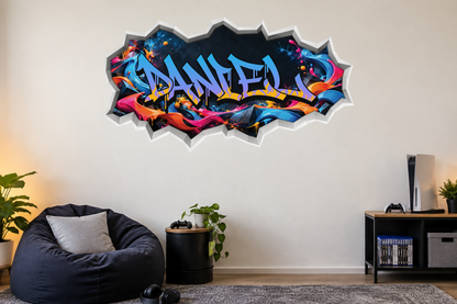 OZ DECO blue-purple flame name sticker on a smooth lounge wall