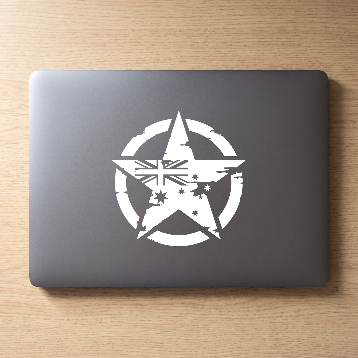 15cm distressed military star decal in white on a laptop lid