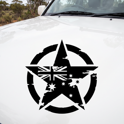90cm distressed military star decal in black on the bonnet of a white four-wheel drive