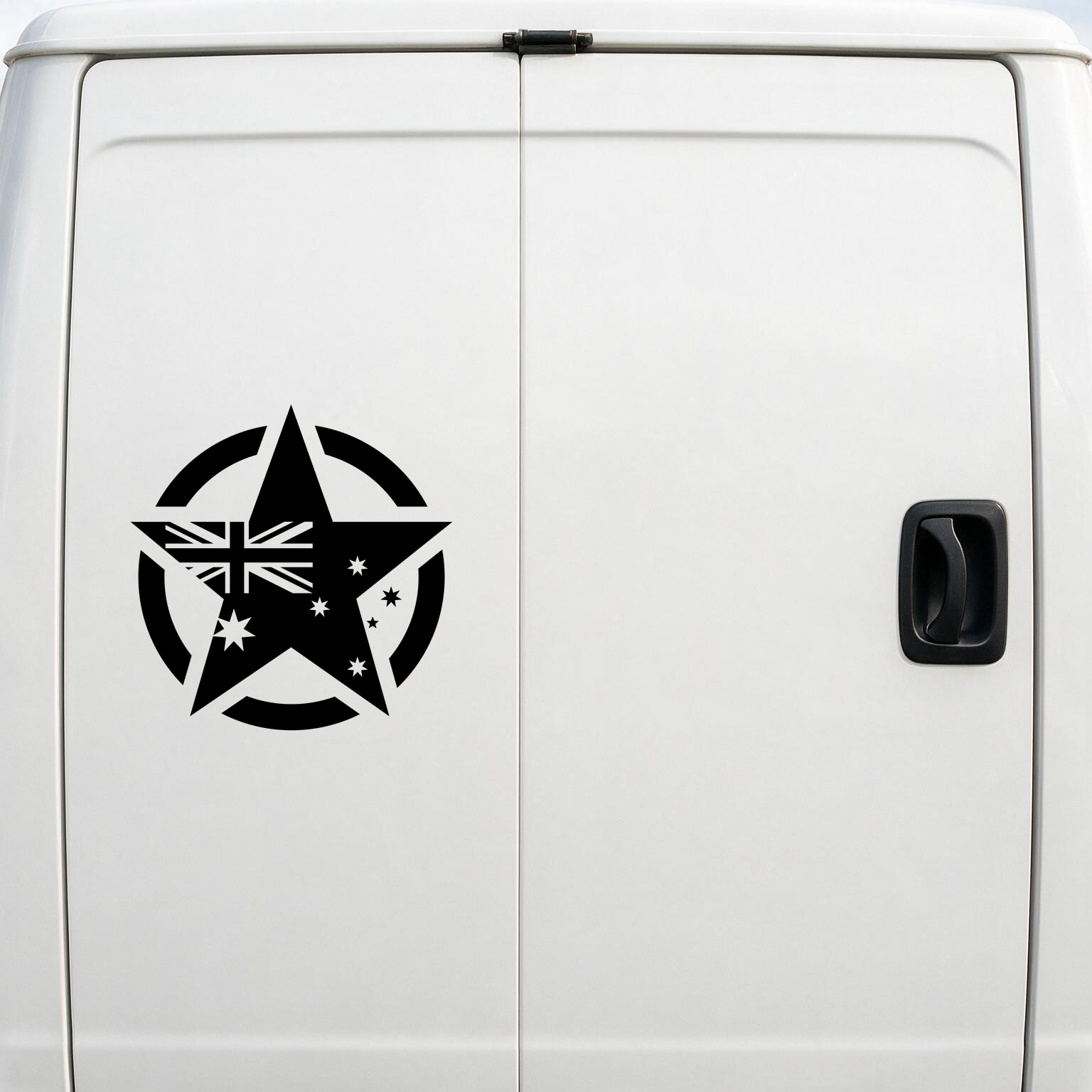 58cm solid military star decal in black on the rear door of a white van