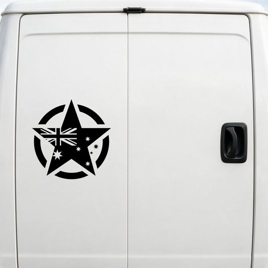 58cm solid military star decal in black on the rear door of a white van