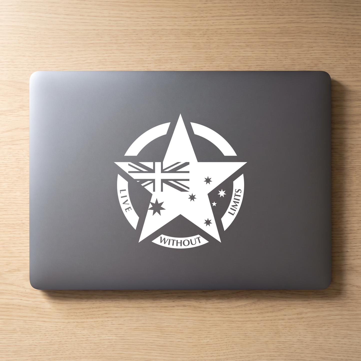 15cm solid Live Without Limits military star decal in white on a laptop lid