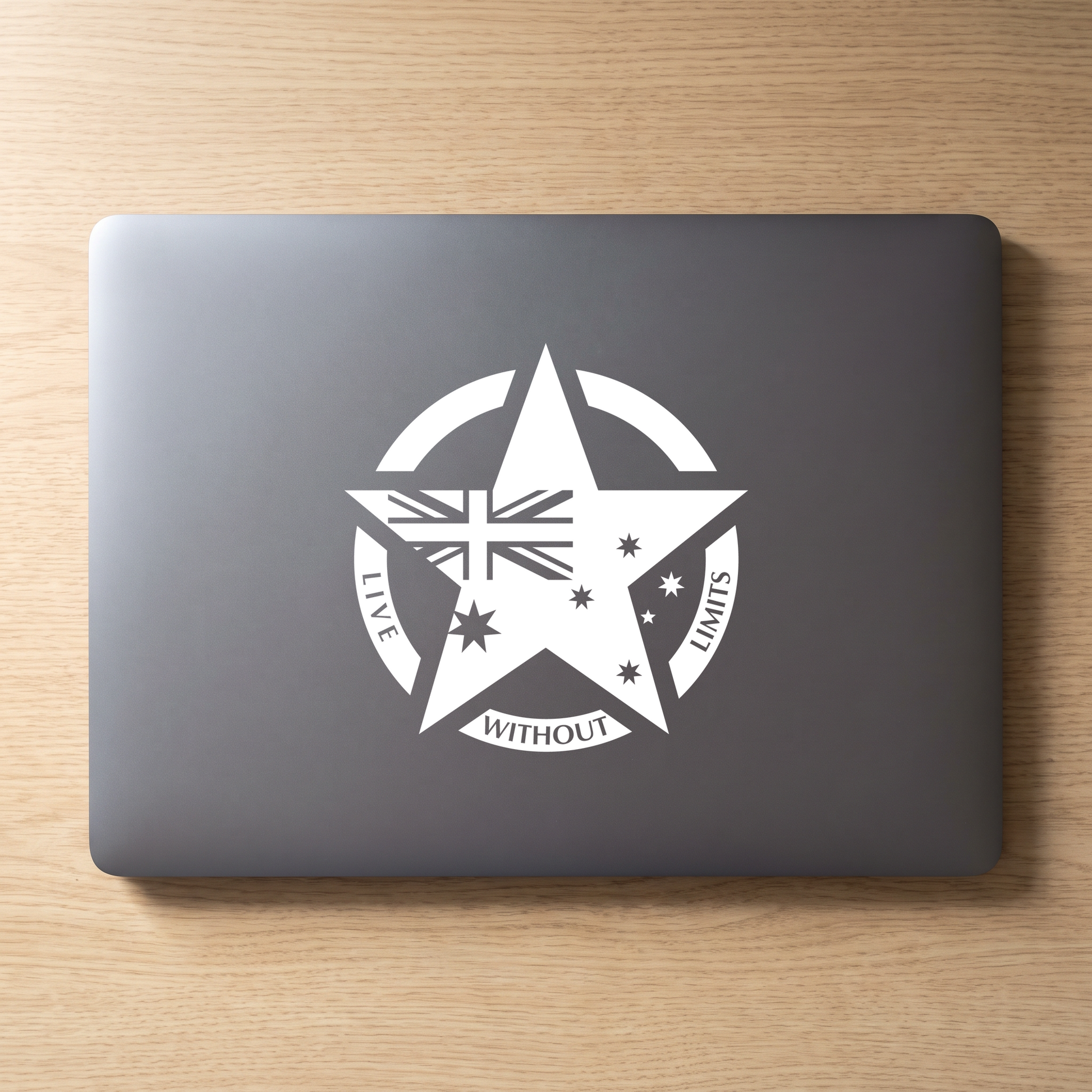 15cm solid Live Without Limits military star decal in white on a laptop lid