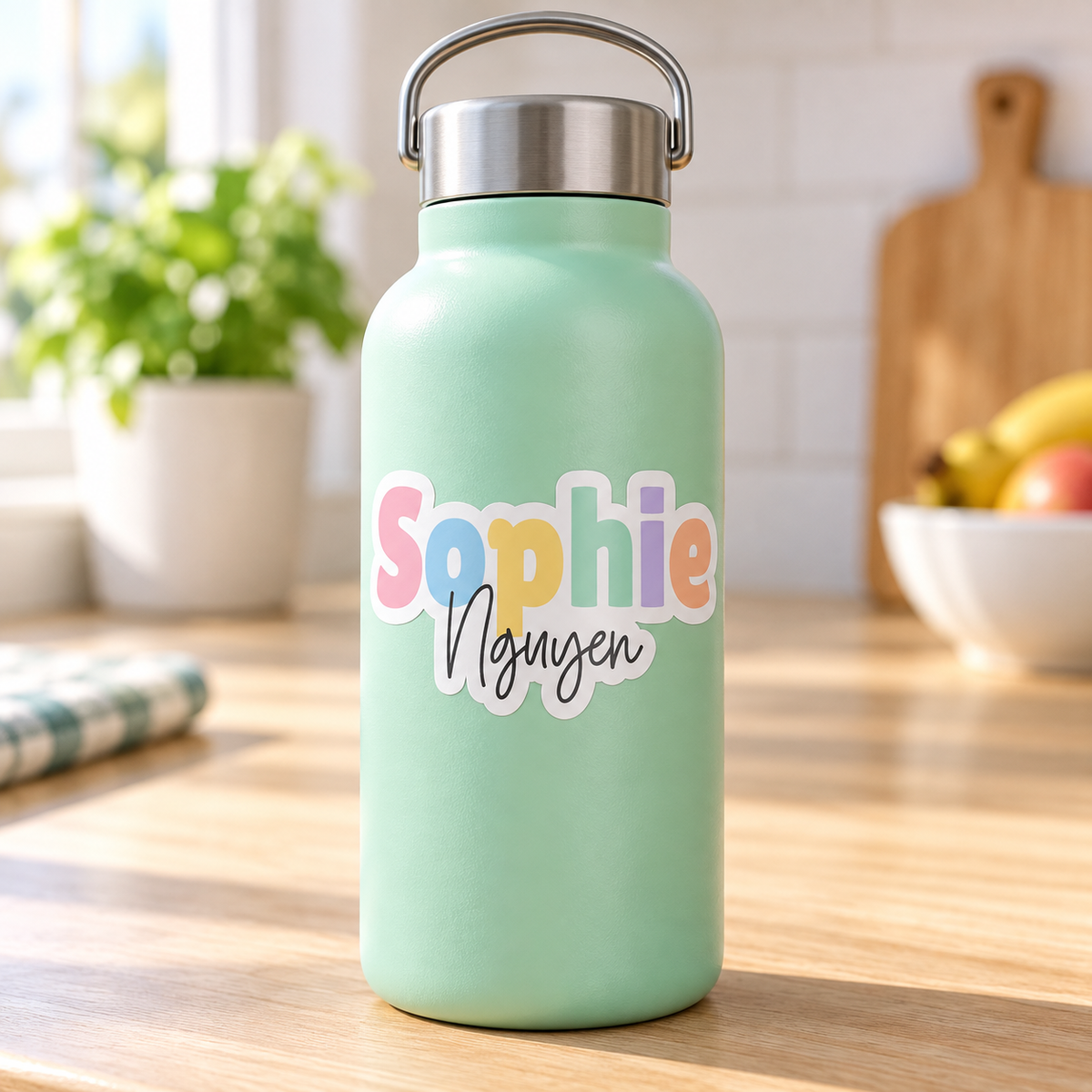 Pastel rainbow first and last name sticker on a mint kids' water bottle