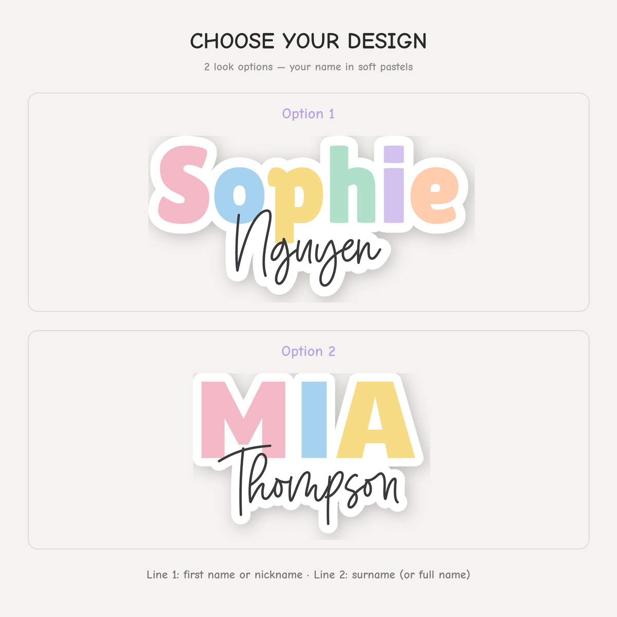 Pastel rainbow name sticker design chart comparing Option 1 and Option 2