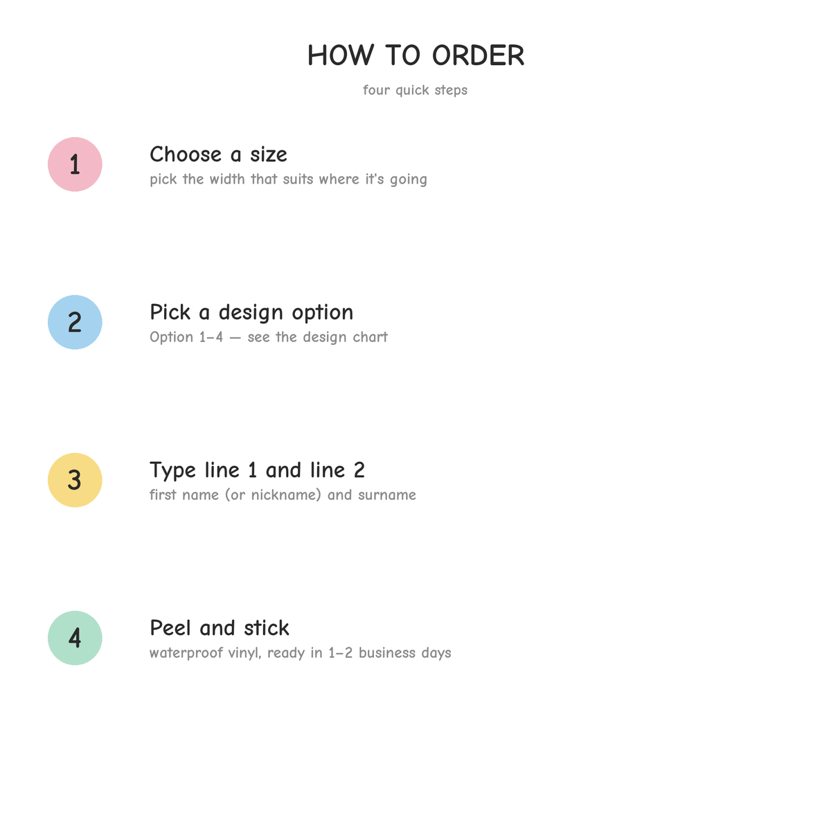 How to order a pastel rainbow name sticker in four steps