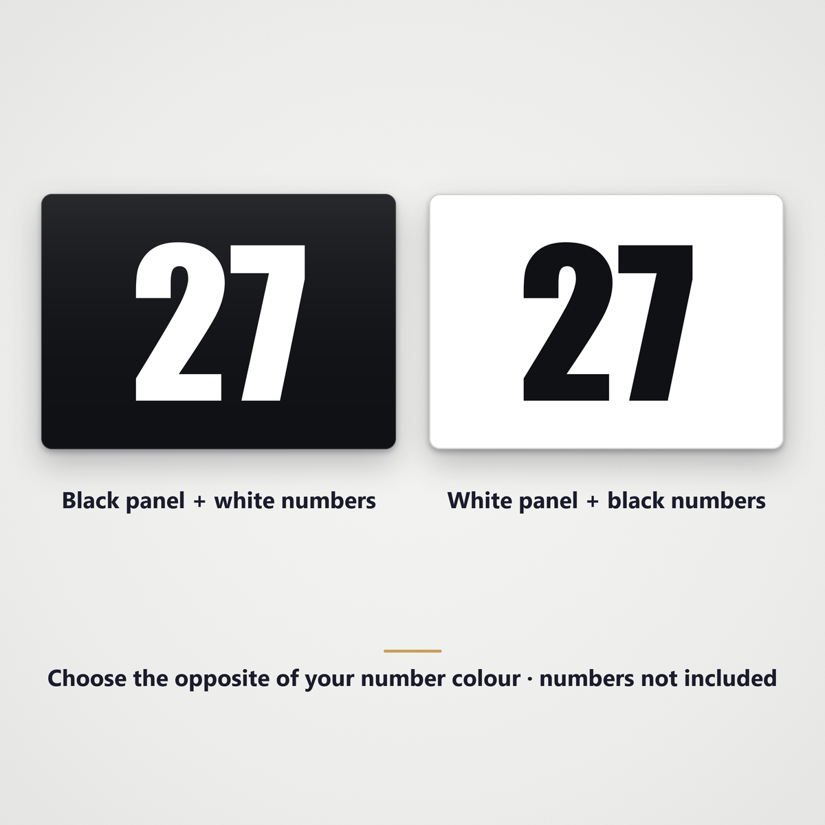 Black panel with a white example number and white panel with a black example number, numbers not included