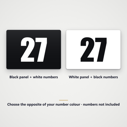 Black panel with a white example number and white panel with a black example number, numbers not included
