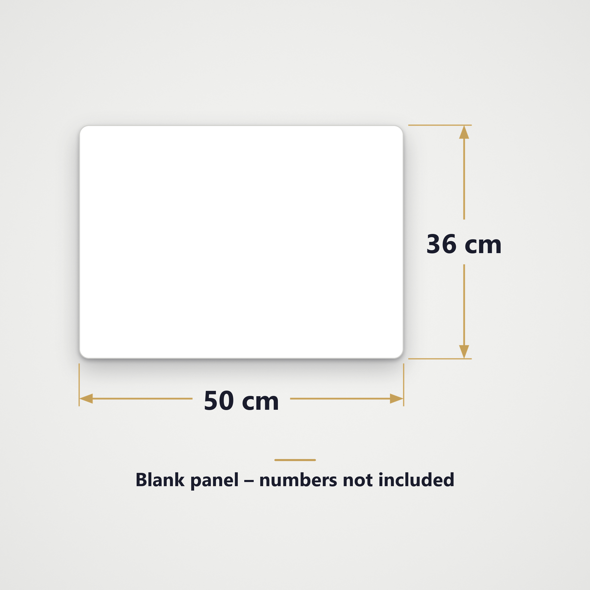 Size guide for the rectangle race number background panel, 50 cm wide by 36 cm high, blank, numbers not included