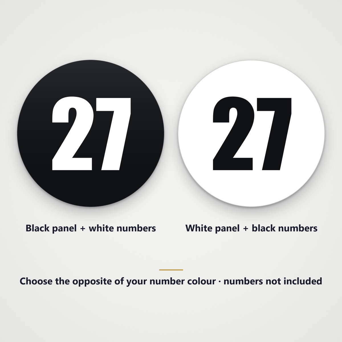 Black round panel with a white example number and white round panel with a black example number, numbers not included