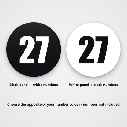 Black round panel with a white example number and white round panel with a black example number, numbers not included