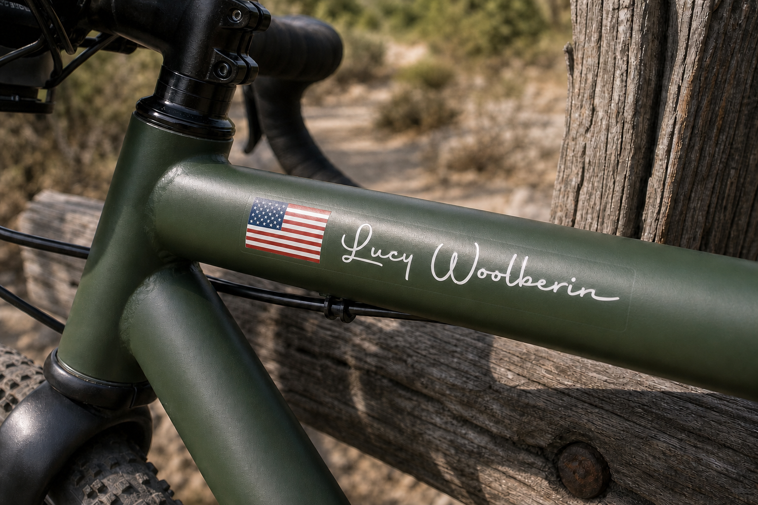 Custom flag and name sticker in handwritten script with white lettering on an olive green bicycle frame, with United States flag