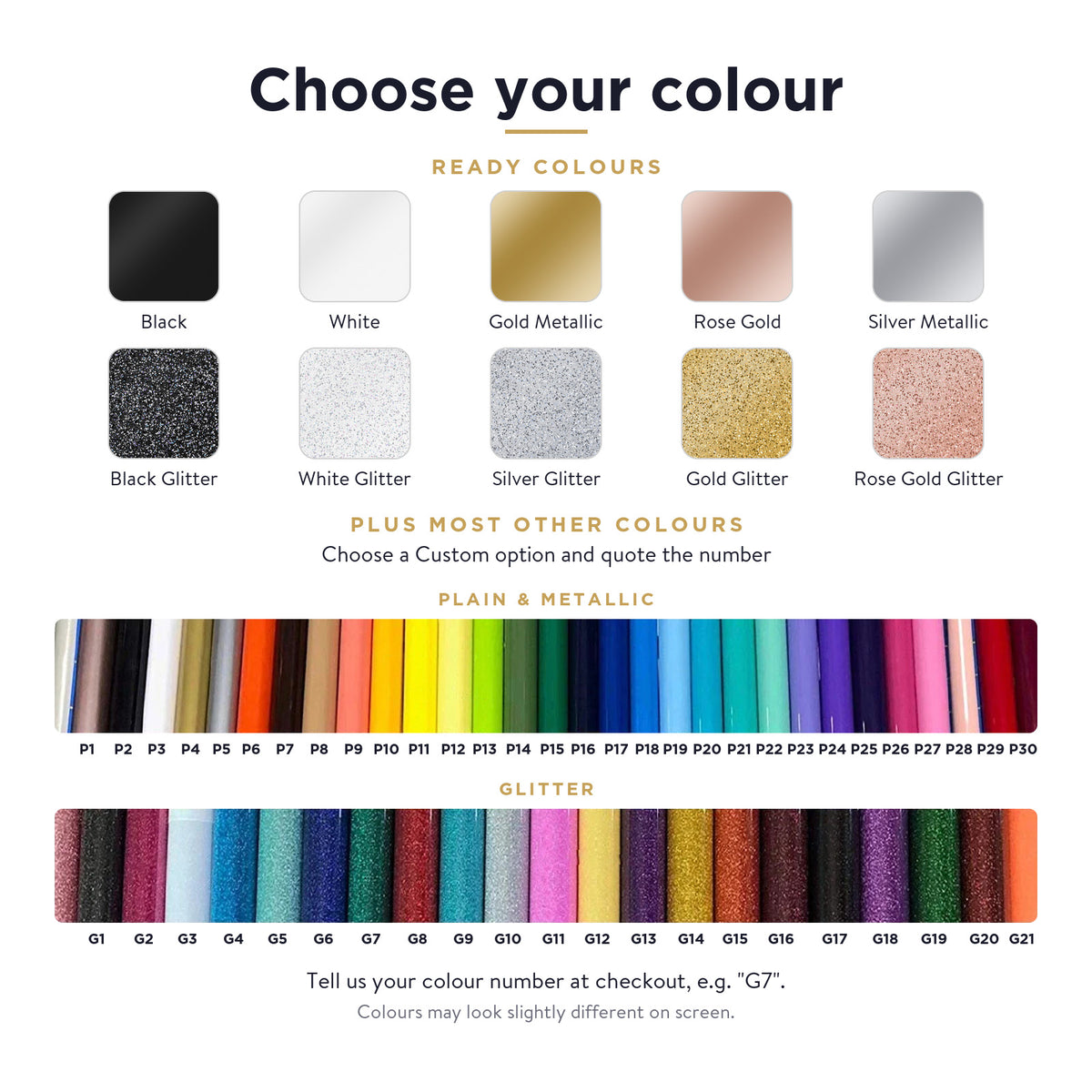 Iron-on vinyl colour chart: ready colours plus numbered plain, metallic and glitter range