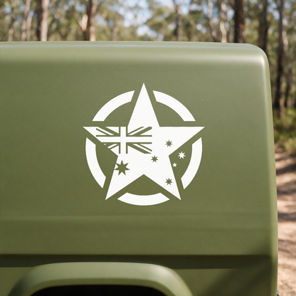 Solid Australian flag military star decal in white applied to an olive four-wheel drive panel