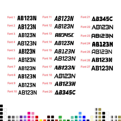Boat and jet ski rego number font chart – Font 1 to 27