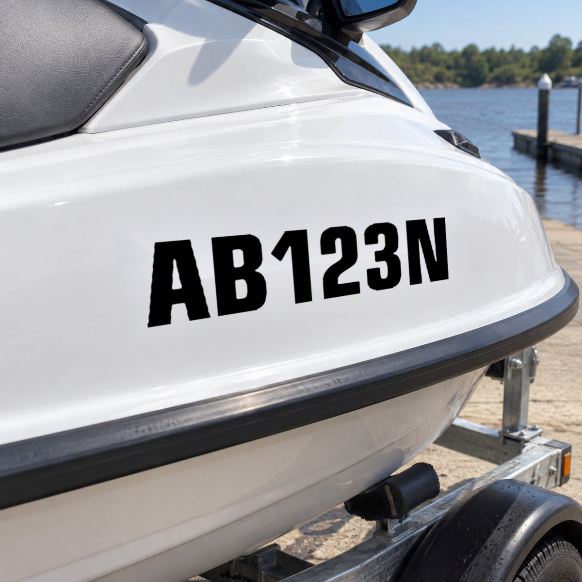 Black AB123N registration decal on the side of a white jet ski.
