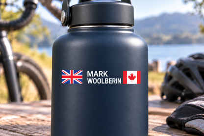 Two flag block capital name decal on a drink bottle – painted-on look