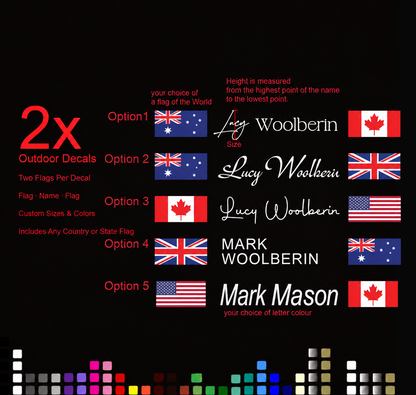 Set of 2 two flag name decals – five lettering styles and letter colour samples