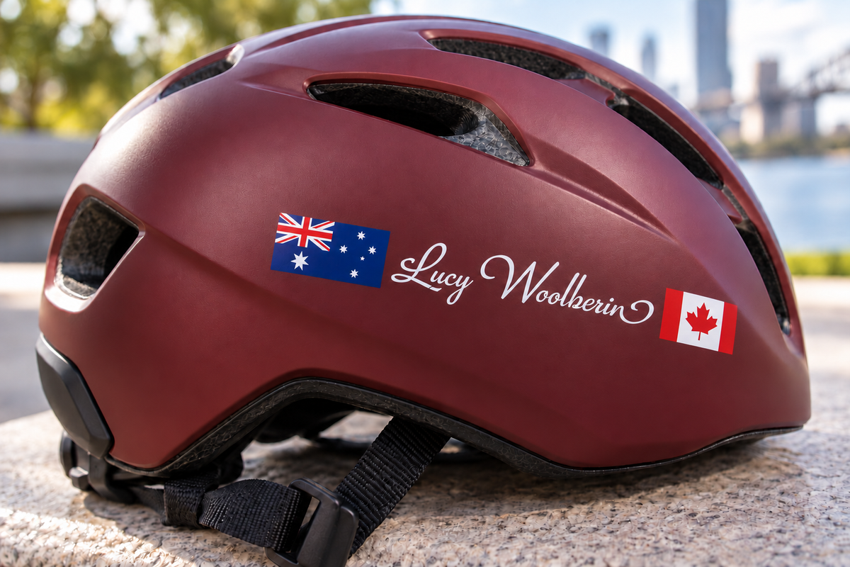 Two flag name decal on a cycling helmet – background-free painted-on look
