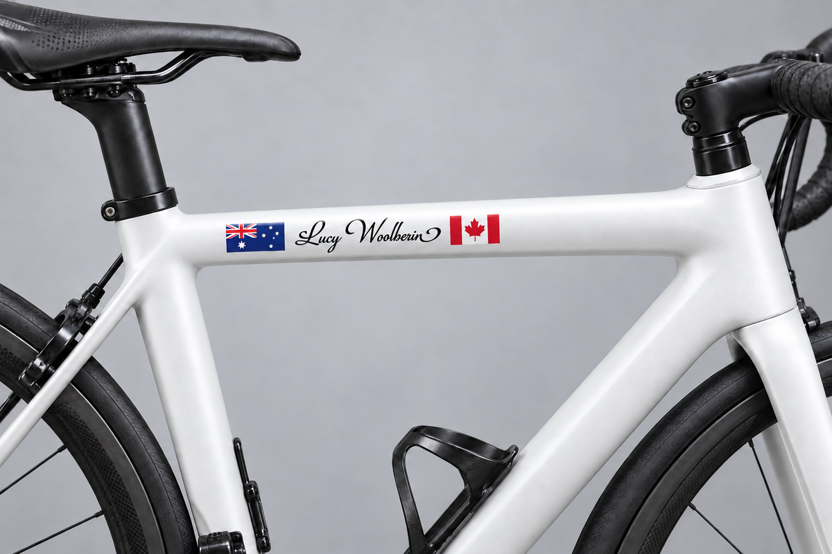 Two flag calligraphy name decal on a white bicycle frame – painted-on look