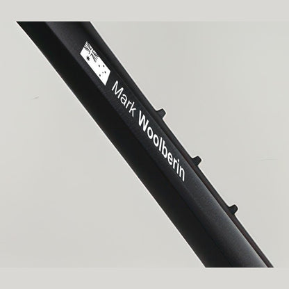 Bike name decal – white Australian flag and name Mark Woolberin along a black bike frame tube