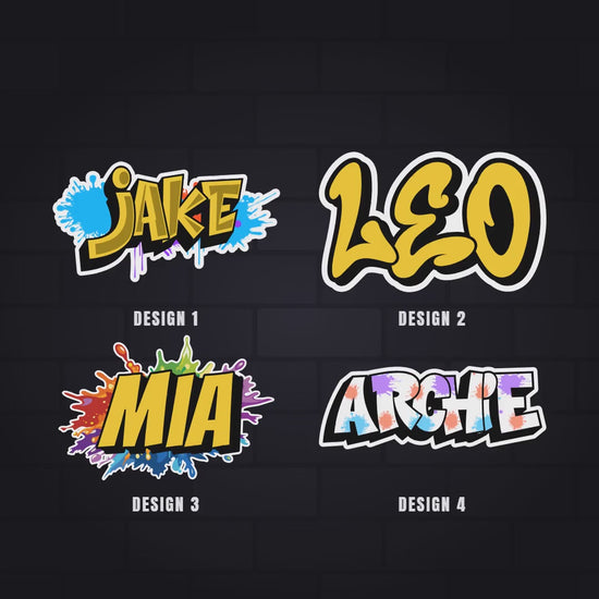 Graffiti name label, how it is made: pick a design, type the name, see it in every design, change the colour, fine-tune it in the free Graffiti Maker, then die-cut and apply.