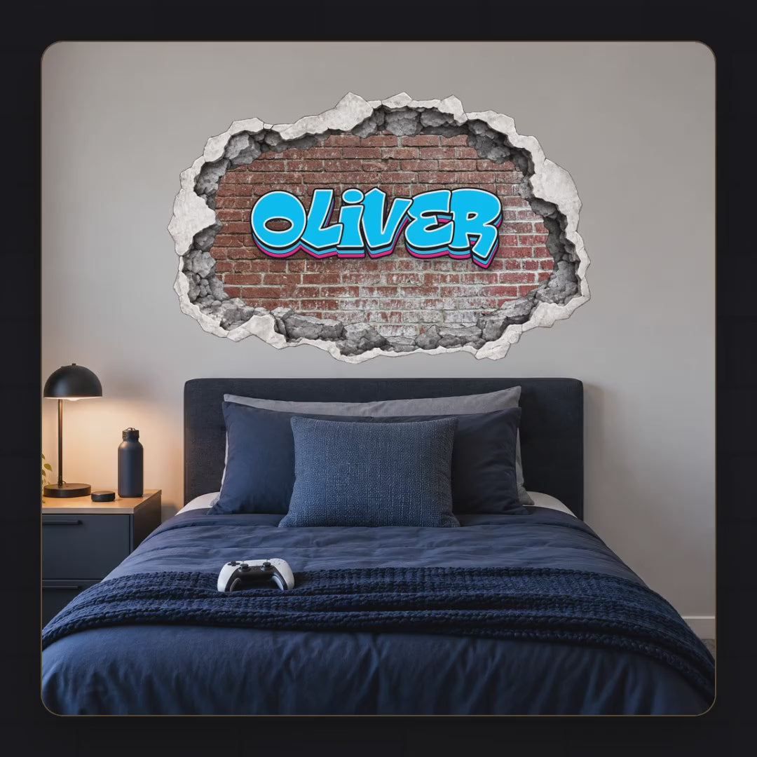 Personalised cracked wall name sticker: pick an option, add the name, choose a width, contour-cut, shipped rolled in a tube, then applied to a smooth wall.