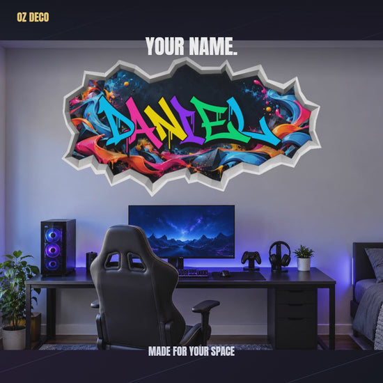 OZ DECO cracked wall names: four designs, nine personalised names and smooth-wall room examples