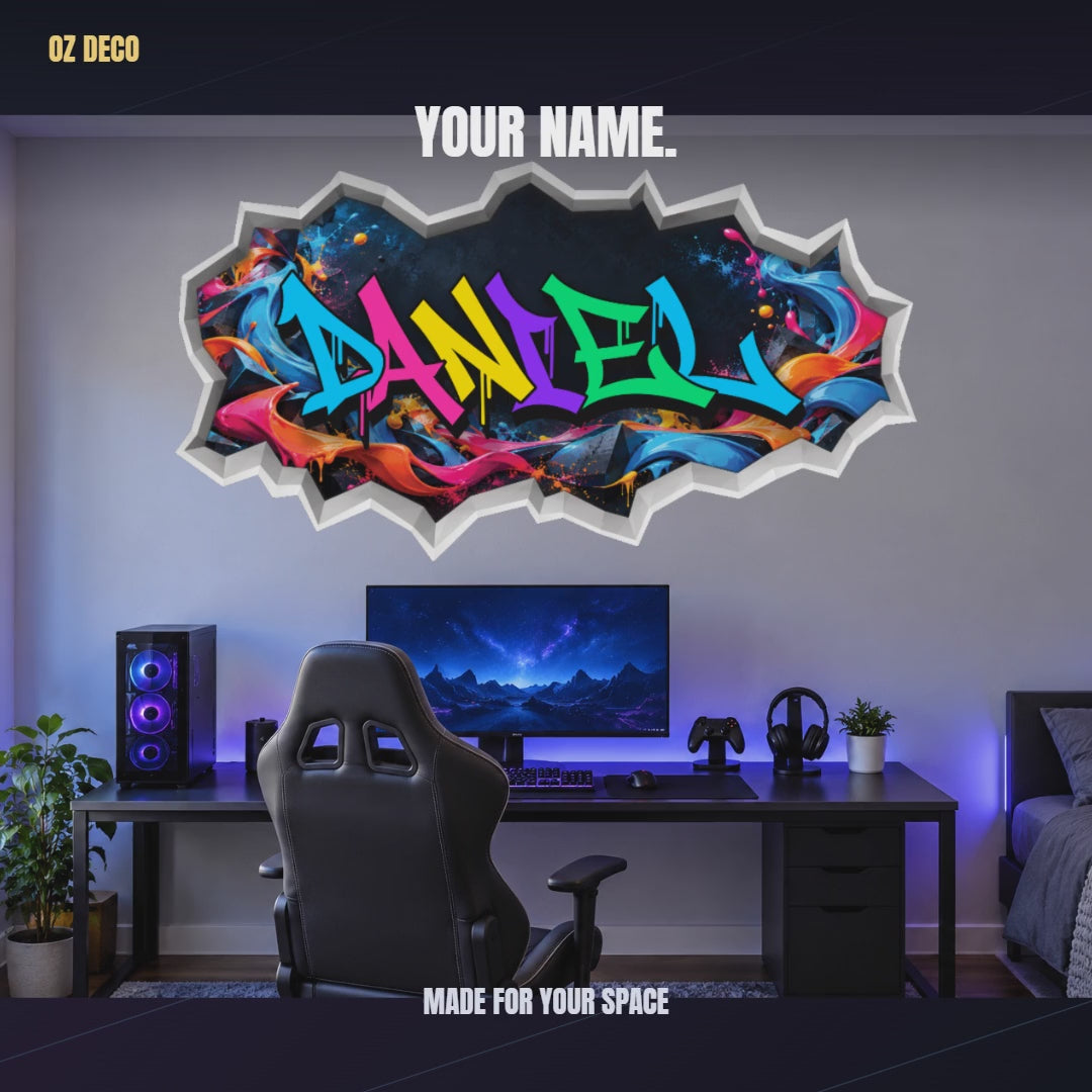 OZ DECO cracked wall names: four designs, nine personalised names and smooth-wall room examples