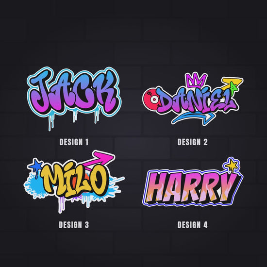 Graffiti name sticker, how it is made: pick a design, type the name, see it in every design, change the colour, fine-tune it in the free Graffiti Maker, then die-cut and apply.