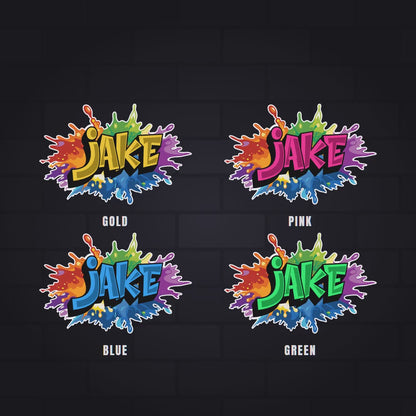 Graffiti name sticker on a paint splash, how it is made: type the name, pick one of eight letter colours, choose a width, then die-cut and apply.