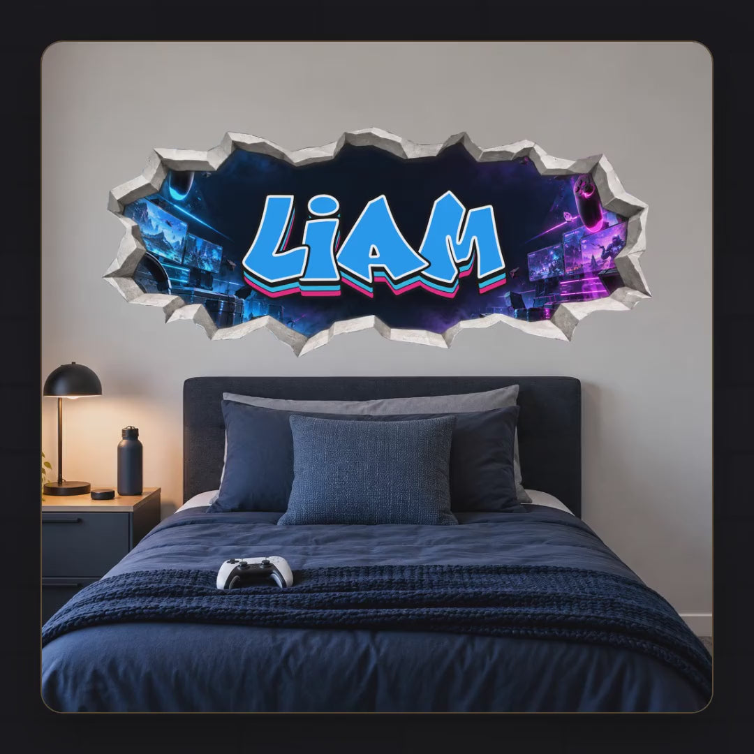 Personalised cracked wall name sticker: pick an option, add the name, choose a width, contour-cut, shipped rolled in a tube, then applied to a smooth wall.