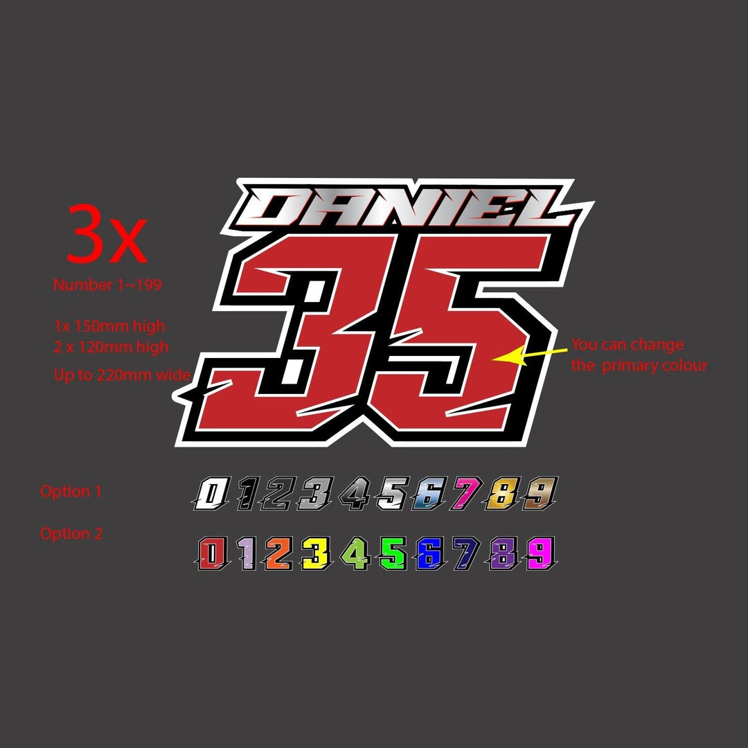 Motocross number decal – red number 35 with a name above and digit colour options