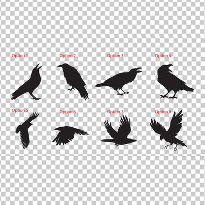 Raven silhouette decal – eight black crow poses, perched and in flight, shown as options