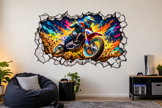 Motocross cracked wall mural sticker on a smooth wall; illustrative room mockup