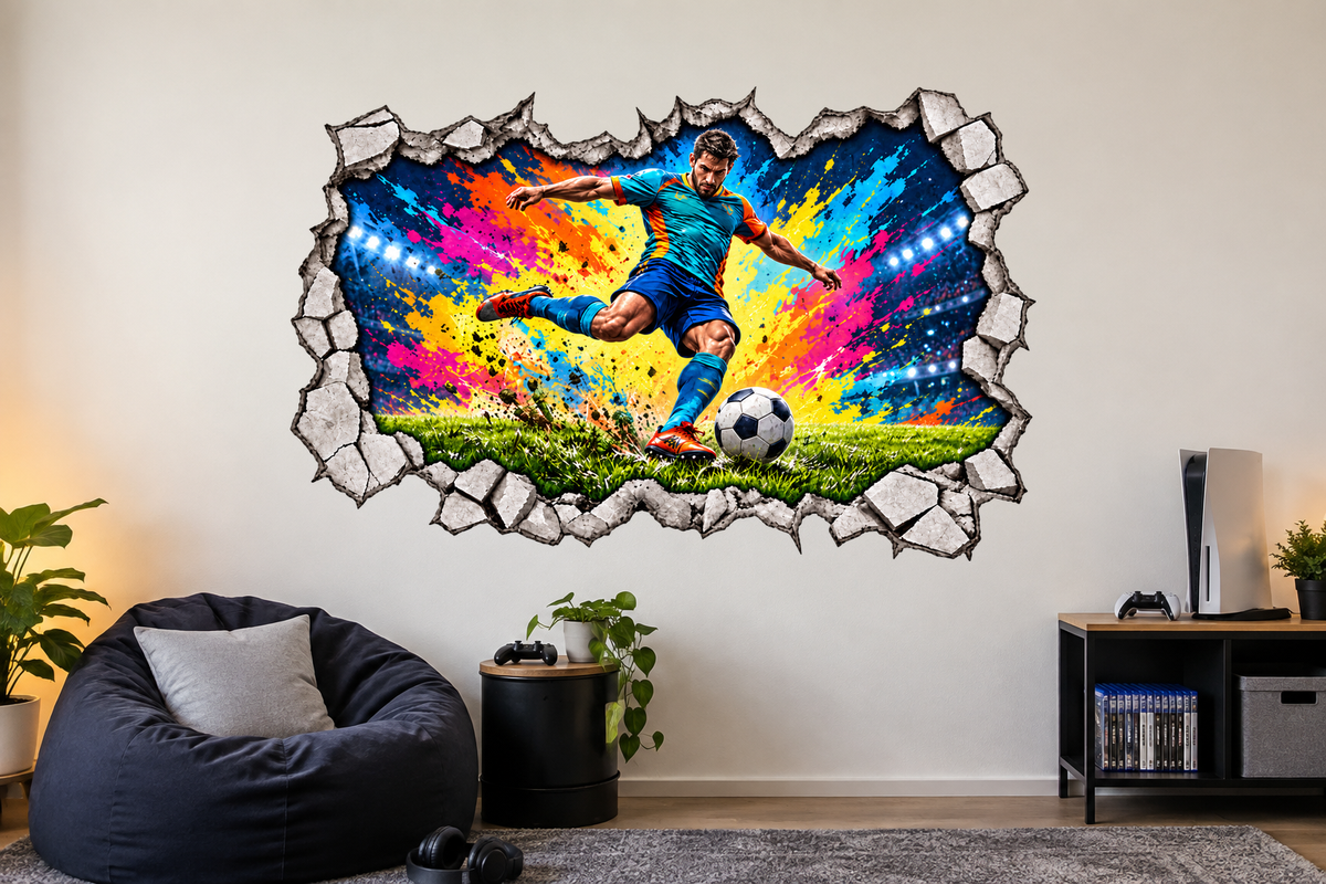 Football cracked wall mural sticker on a smooth wall; illustrative room mockup