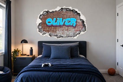 Concrete cracked wall graffiti name sticker shown above a bed