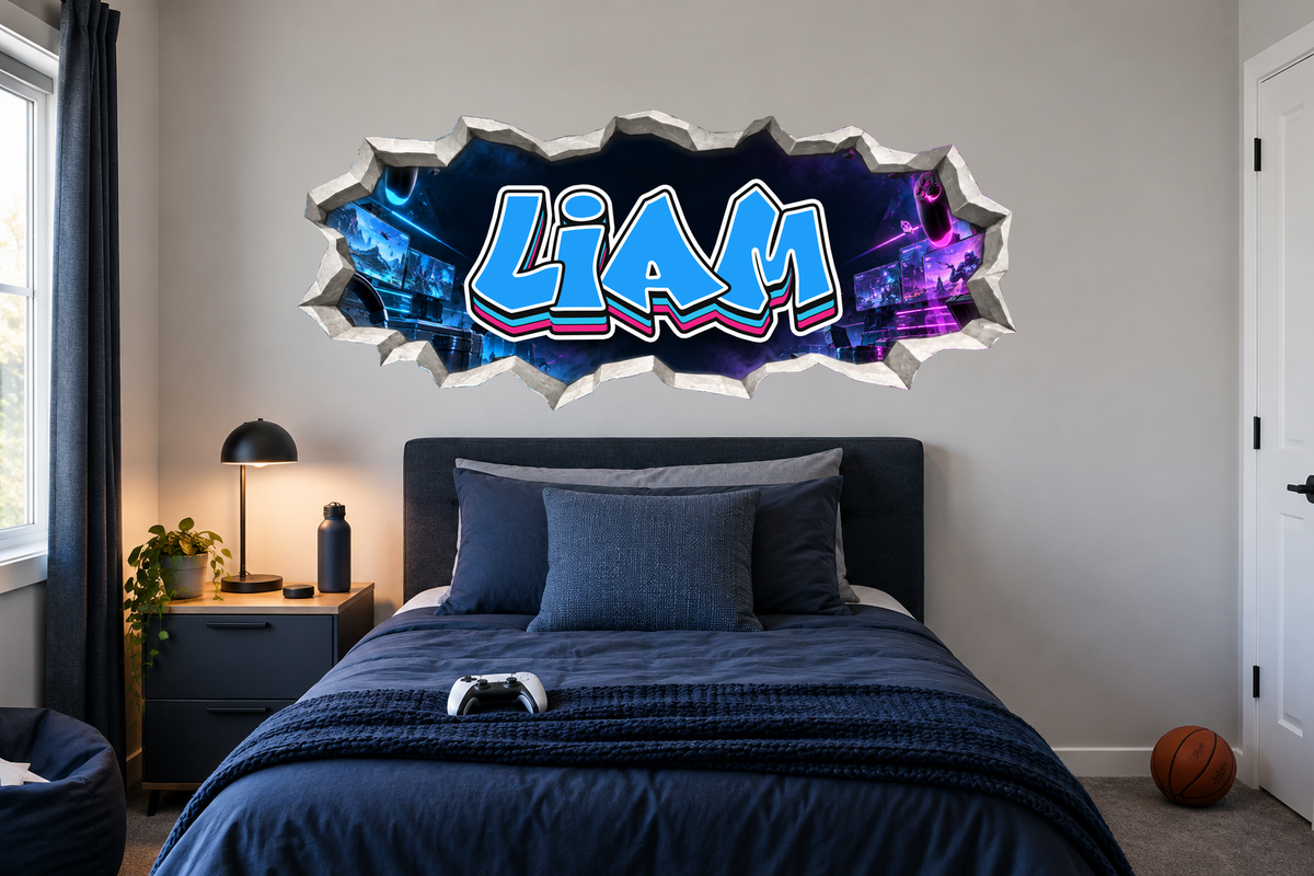 Gamer Arena personalised cracked wall sticker shown above a bed