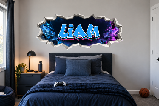 Gamer Arena personalised cracked wall sticker shown above a bed
