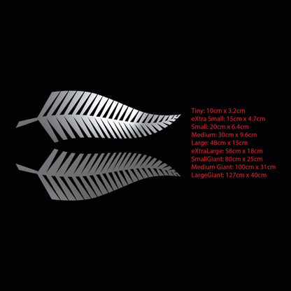 Silver fern decals – mirrored pair of silver ferns on black with a red list of nine size options in centimetres