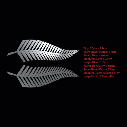 Silver fern decals – mirrored pair of silver ferns on black with a red list of nine size options in centimetres