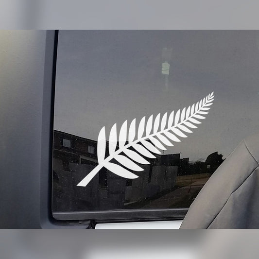 Silver fern flag decal – white fern sticker on a vehicle side window