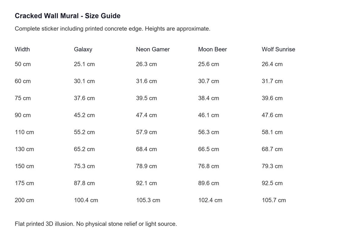 Cracked wall mural sticker width and approximate height guide for four designs
